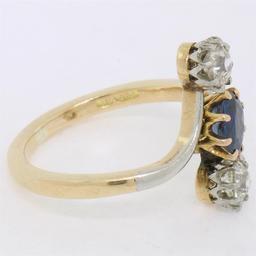 Antique Edwardian 14K Gold Platinum 1.61 ctw Mine Cut Diamond Sapphire Bypass Ri