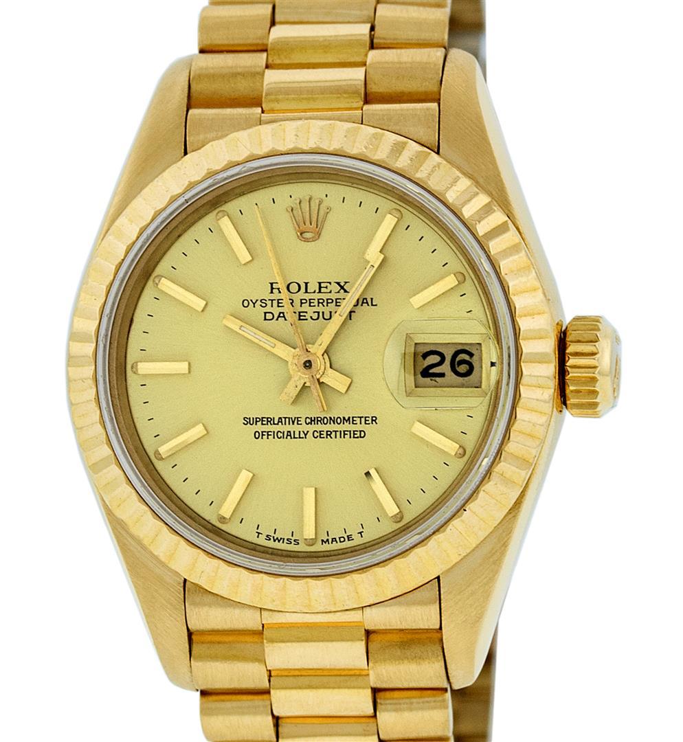 Rolex Ladies Quickset 18K Yellow Gold Champagne Index Datejust President Wristwa