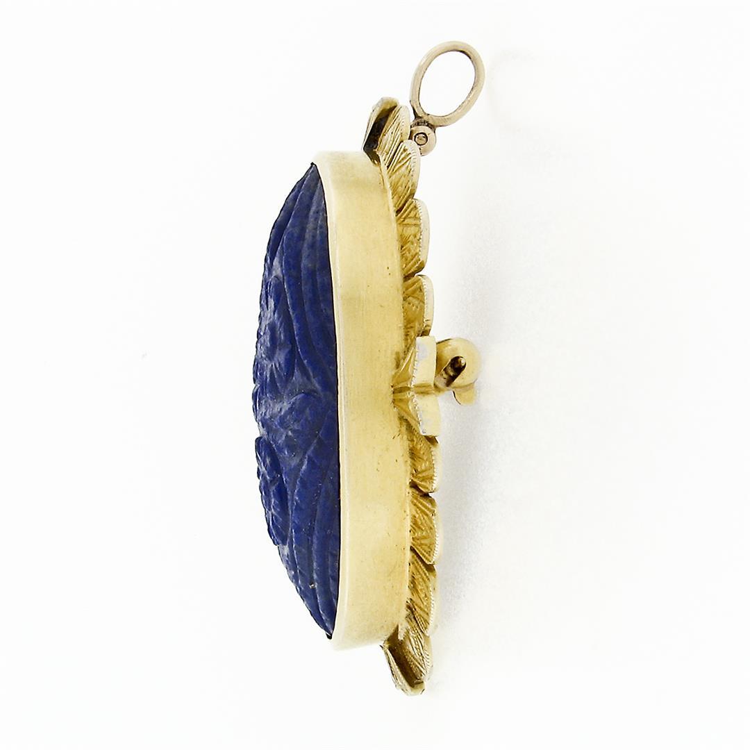 Antique Etruscan Revival 14k Gold GIA Carved Oval Blue Lapis Pendant or Brooch