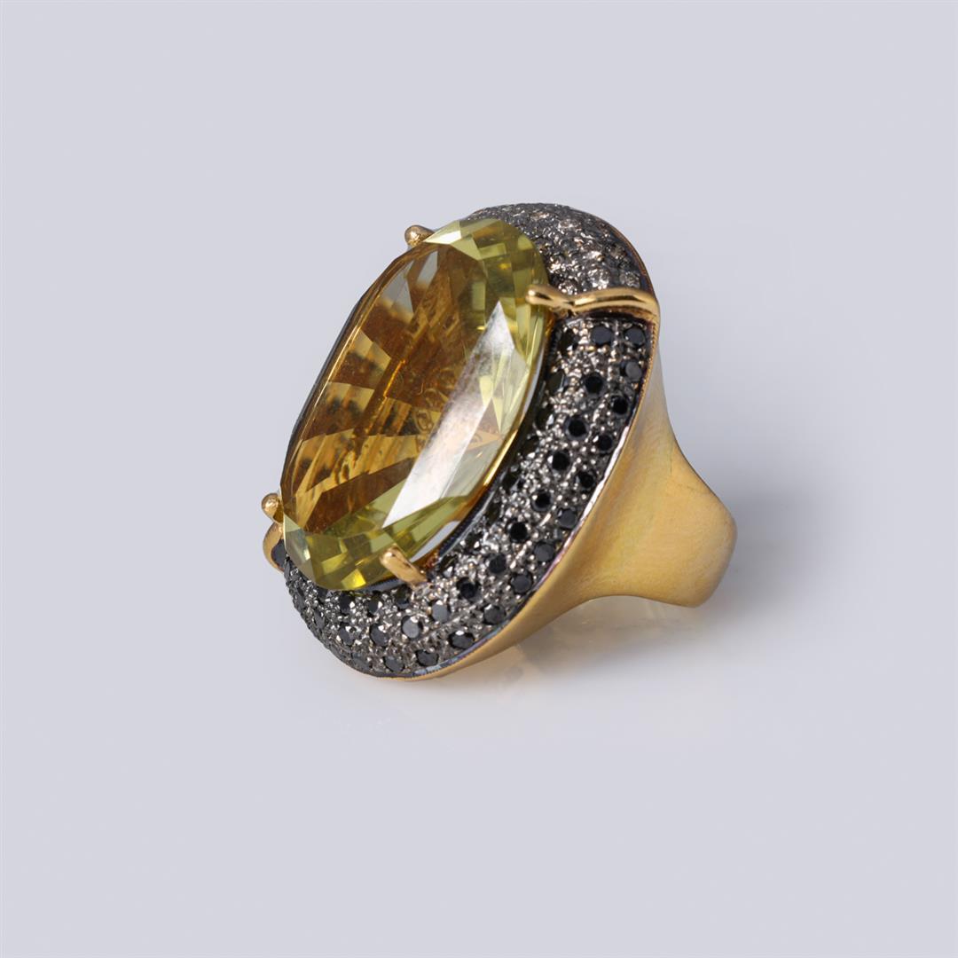 18k Yellow Gold Lemon Quartz & Black Diamond Cocktail Ring by Carlo Rici