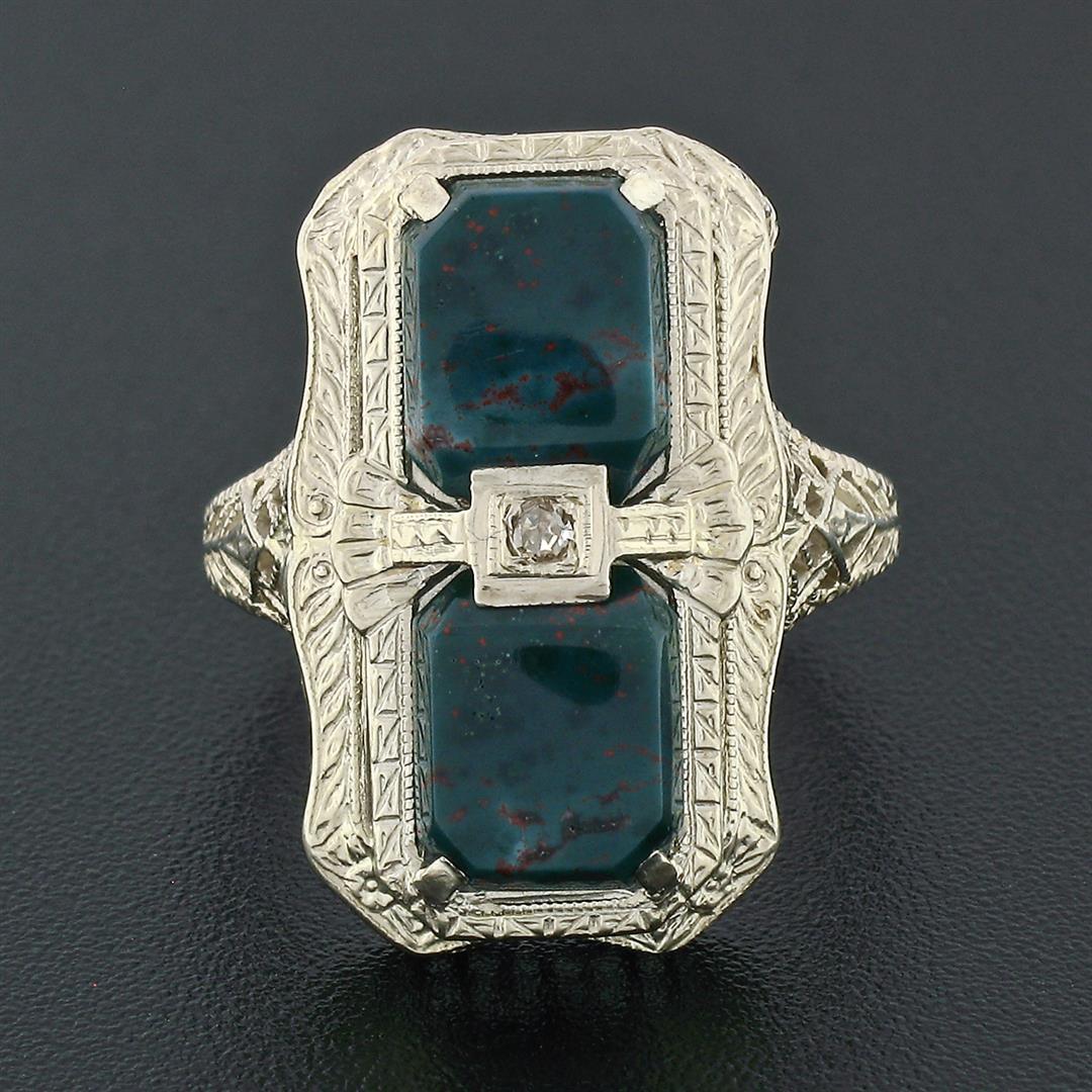 Antique Art Deco 14k White Gold Dual Bloodstone & Diamond Etched Filigree Ring