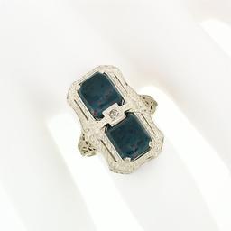 Antique Art Deco 14k White Gold Dual Bloodstone & Diamond Etched Filigree Ring