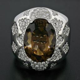 Large Bold 18K White Gold Oval Smoky Quartz 2.50 ctw Diamond Cluster Cocktail Ri