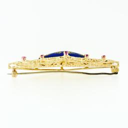 Vintage 18k Gold Round Ruby & Dark Blue Enamel Long Marquise Filigree Brooch Pin