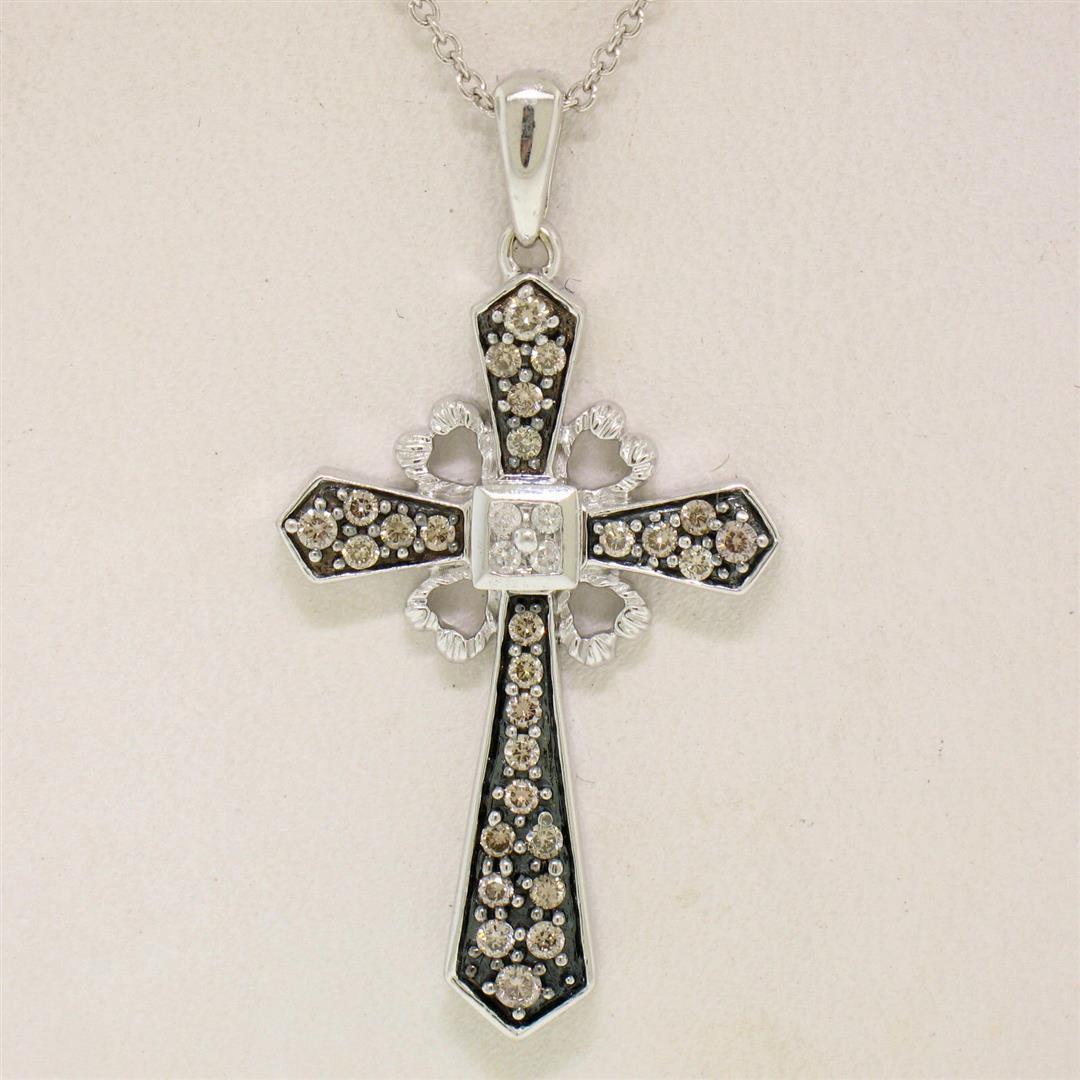 14k White Gold .70 ctw Fancy Brown Diamonds on Black Cross Pendant w/ 18" Chain