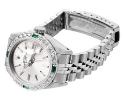 Rolex Ladies Stainless Steel Silver Index Diamond And Emerald Date Watch