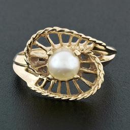 14K Yellow Gold 6.0mm Pearl Solitaire Wave Bypass Shell Open Work Cocktail Ring