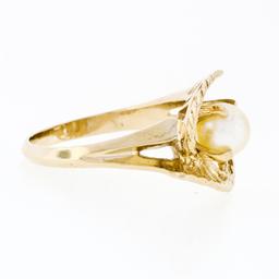 14K Yellow Gold 6.0mm Pearl Solitaire Wave Bypass Shell Open Work Cocktail Ring