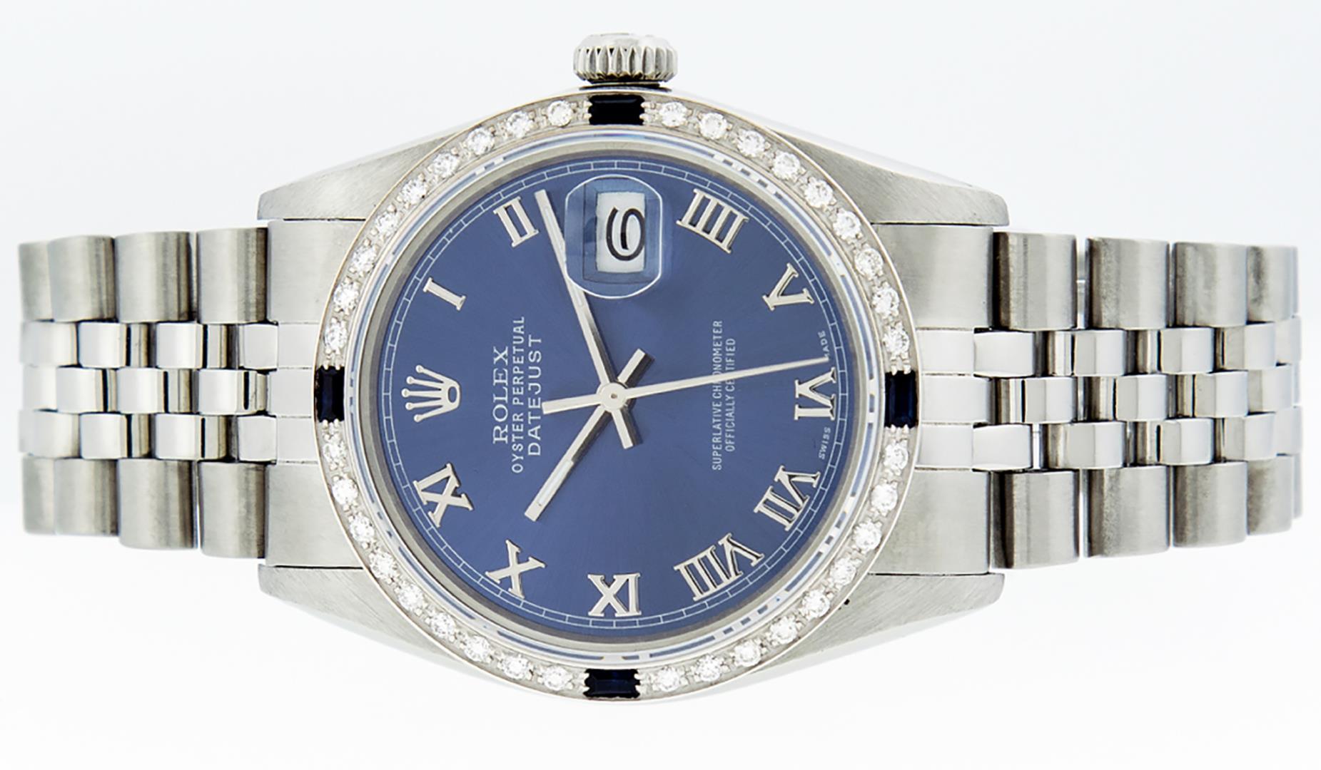 Rolex Mens Stainless Steel Blue Roman Diamond And Sapphire 36MM Datejust Wristwa