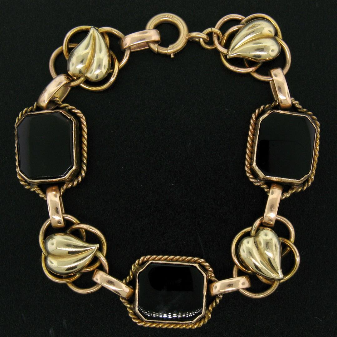 Retro Vintage 14k Green and Rose Gold Black Onyx and Open Leaf Link Bracelet