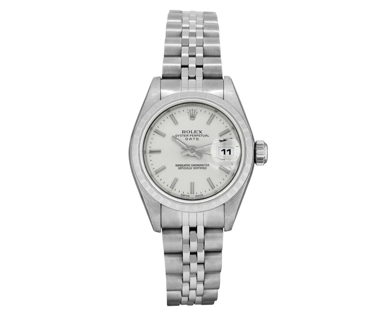 Rolex Ladies Stainless Steel Silver Index Dial Engine Turn Bezel Jubilee Band Da