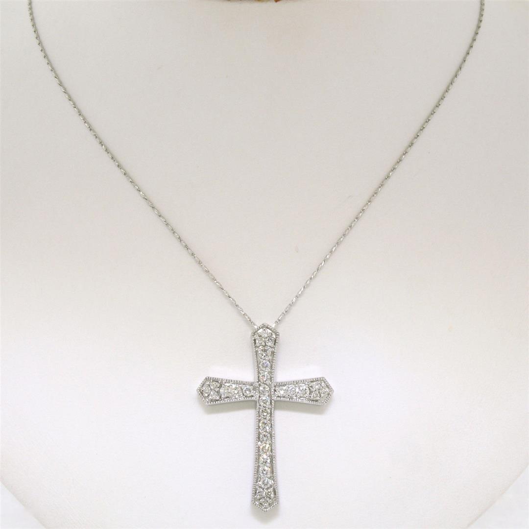 Large 14k White Gold 1.18 ctw Round Diamond Cross Pendant w/ 18" Fancy Link Chai