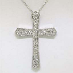 Large 14k White Gold 1.18 ctw Round Diamond Cross Pendant w/ 18" Fancy Link Chai