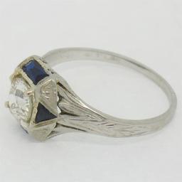 Antique Art Deco 18k White Gold 0.65 ctw European Diamond and Sapphire Ring