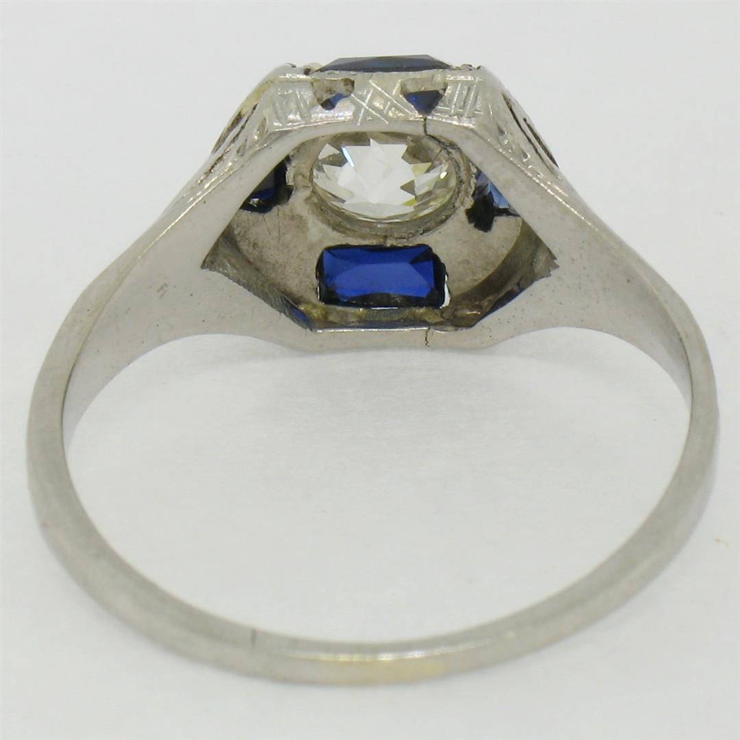 Antique Art Deco 18k White Gold 0.65 ctw European Diamond and Sapphire Ring