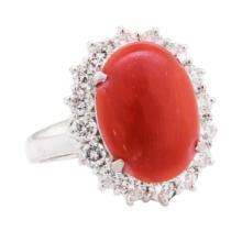 5.10 ctw Red Coral and Diamond Ring - 14KT White Gold