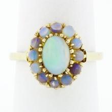 Vintage 14K Gold FINE Oval Cabochon Solitaire & Bead Ball Halo Opal Cluster Ring