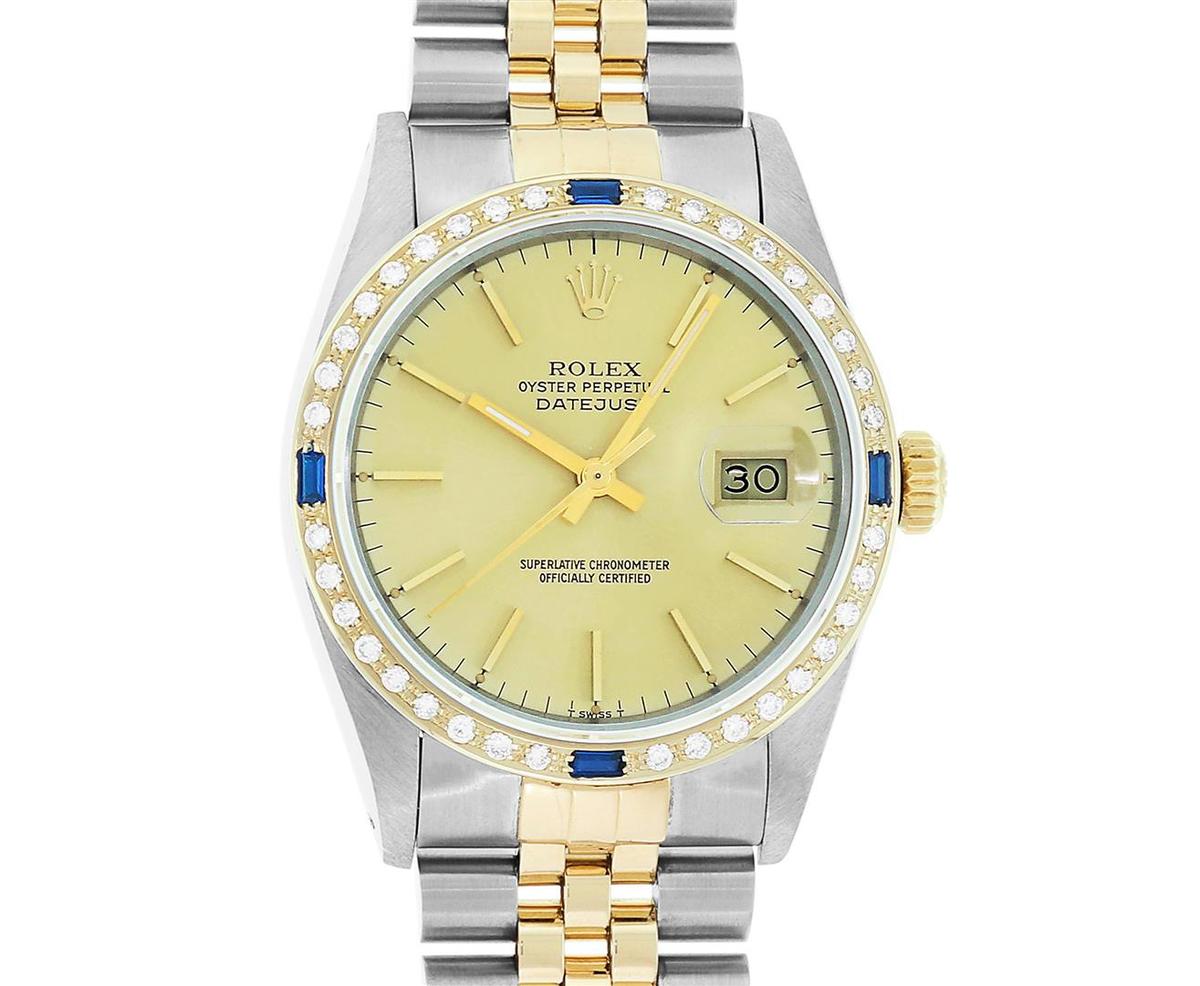 Rolex Mens Champagne Index Dial 18K Yellow Gold Sapphire And Diamond Bezel Datej