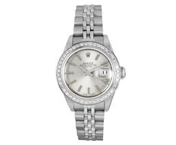 Rolex Ladies Stainless Steel Quickset Silver Index Diamond Bezel Date Watch With