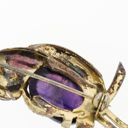 Antique German Vermeil Gold Over Silver Amethyst Textured Parrot Bird Brooch Pin