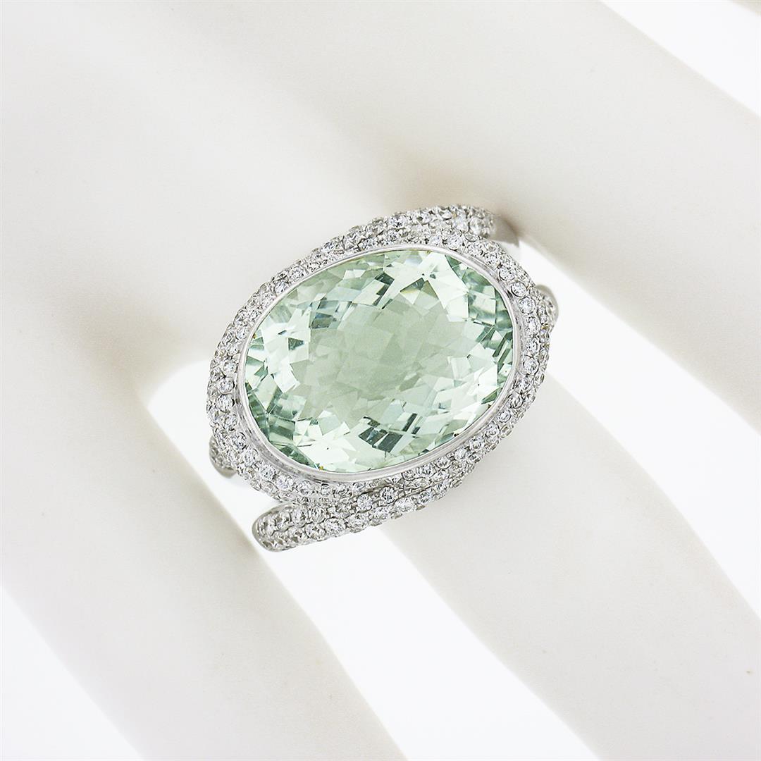 18K White Gold Oval Bezel Prasiolite Quartz & Pave Diamond Twisted Cocktail Ring