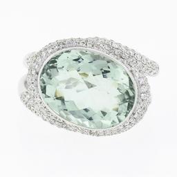 18K White Gold Oval Bezel Prasiolite Quartz & Pave Diamond Twisted Cocktail Ring