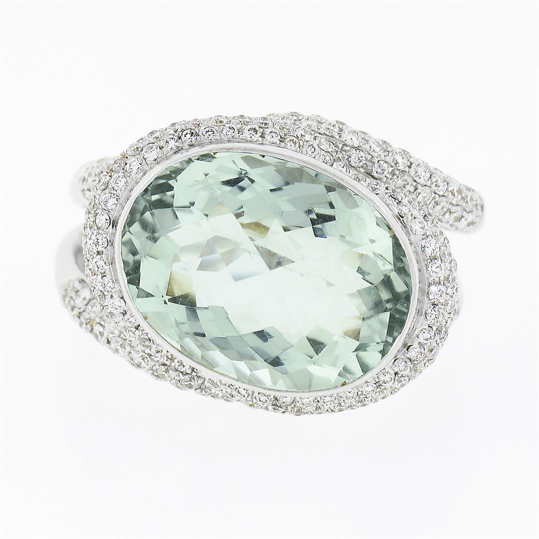 18K White Gold Oval Bezel Prasiolite Quartz & Pave Diamond Twisted Cocktail Ring