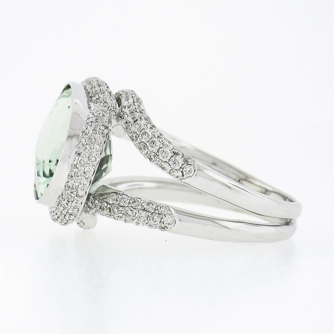 18K White Gold Oval Bezel Prasiolite Quartz & Pave Diamond Twisted Cocktail Ring