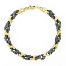 Unisex Vintage Italian 14K Yellow Gold Alternating Hematite Link Chain Bracelet