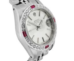 Rolex Ladies Stainless Steel Quickset Silver Index Dial Diamond And Ruby Bezel D