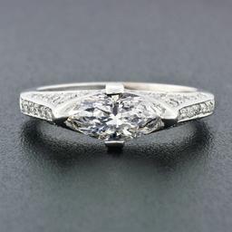 NEW Unique 18k White Gold 1.5 ctw GIA Marquise Cut Solitaire & Round Diamond Rin