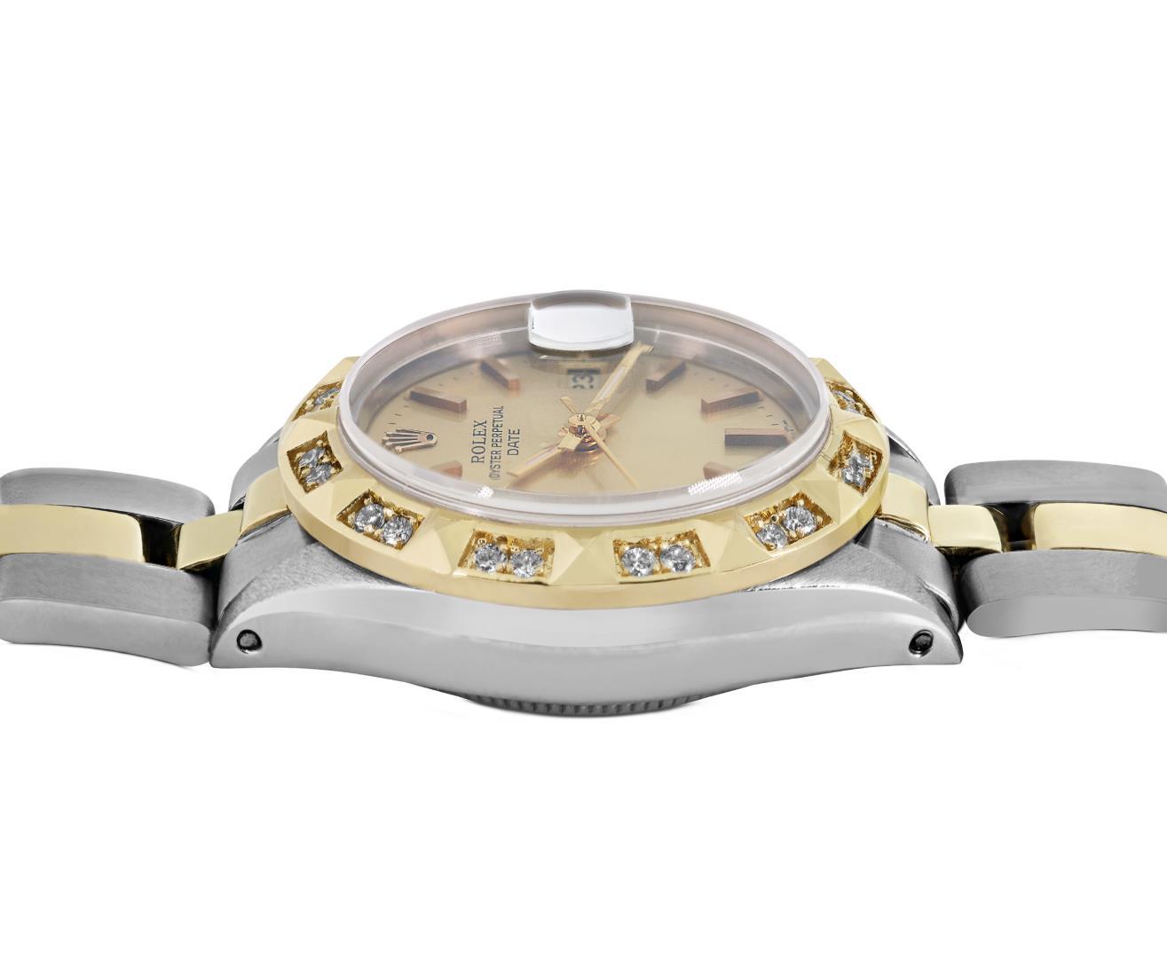 Rolex Ladies Two Tone Gold And Steel Champagne Dial Pyramid Bezel Oyster Band Da