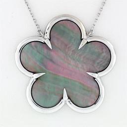 14K White Gold Black Mother of Pearl & Diamond Clover Flower Pendant Necklace