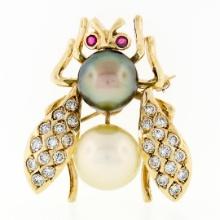 Vintage 14k Gold 1.44 ctw Diamond Ruby Eye w/ Golden Gray Pearl Bee Fly Brooch P