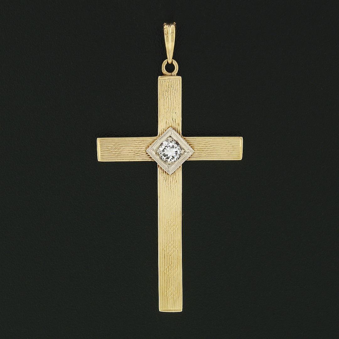 Antique Art Nouveau 14k TT Gold 0.16 ctw Diamond Grooved Textured Cross Pendant