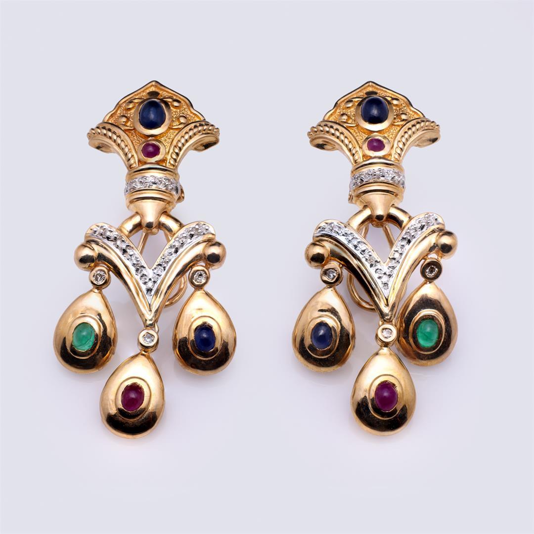 Pair of Italian 14k Gold Ruby, Emerald, Sapphire & Diamond Earrings