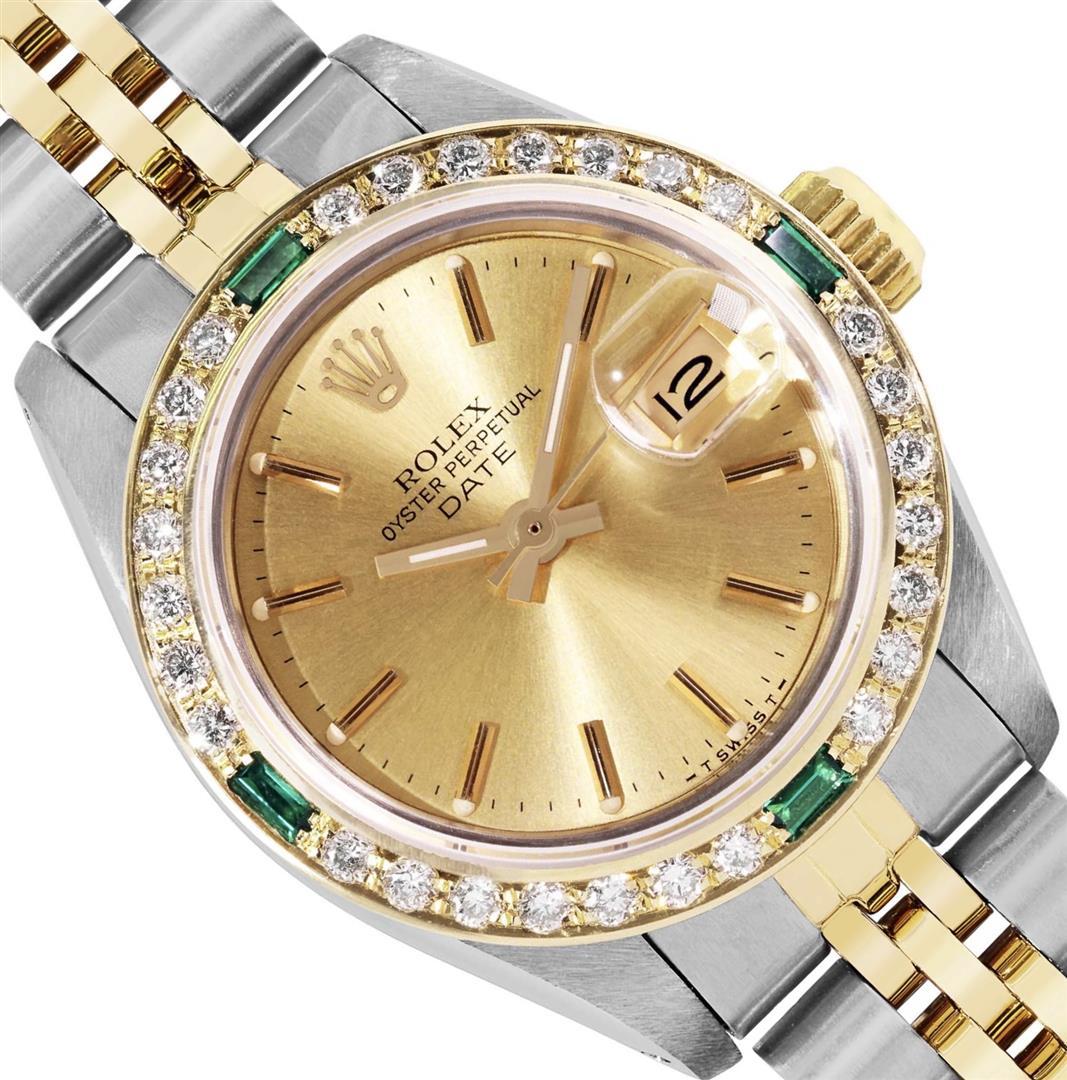 Rolex Ladies 2Tone 18K Diamond And Emerald Bezel Jubilee Date Watch