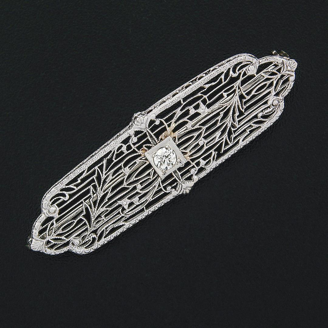 Antique Art Deco 10k White Gold 0.15 ctw Round Diamond Foliage Filigree Brooch P