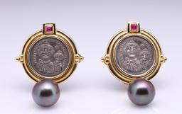 Pair of 18k Yellow Gold South Sea Black Pearl, Ruby & Byzantine Coin Earrings