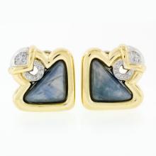 Vintage 18k Gold Triangular Cabochon Sapphire & Round Diamond Geometric Earrings