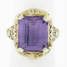 Antique Art Deco 14k Gold Rectangular Step Cut Amethyst Solitaire Filigree Ring