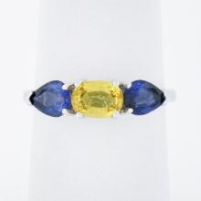 14k White Gold 2.25 ctw Oval Yellow & Pear Cut Blue Sapphire Three 3 Stone Ring