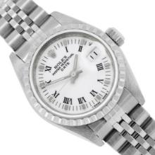 Rolex Ladies Stainless Steel Quickset White Roman Engine Turn Bezel Date Watch W