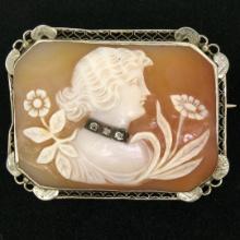 Antique Art Deco 14K White Gold Shell Cameo w/ Filigree Frame Brooch Pendant