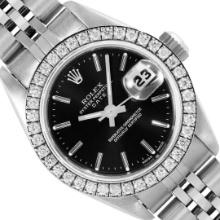 Rolex Ladies Quickset Stainless Steel Black Dial Diamond Bezel Date Watch 26MM