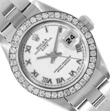 Rolex Ladies Quickset Sapphire Stainless Steel White Roman Dial Diamond Bezel Da