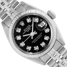 Rolex Ladies Stainless Steel Black Diamond Dial Fluted Bezel Date Watch