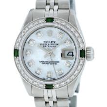 Rolex Ladies Quickset Stainless Steel White Diamond And Emerald 26MM Datejust Wr