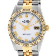 Rolex Mens Two Tone White Roman Pyramid Diamond Bezel Datejust Wristwatch 36MM