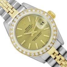 Rolex Ladies 18K Two Tone Gold And Steel Champagne Index Diamond Bezel Datejust